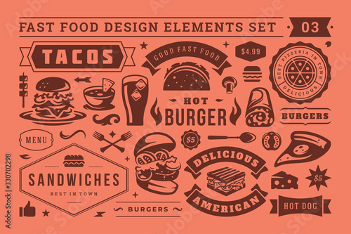 Fast food and street signs and symbols with retro typographic design elements vector set for restaurant menu decoration