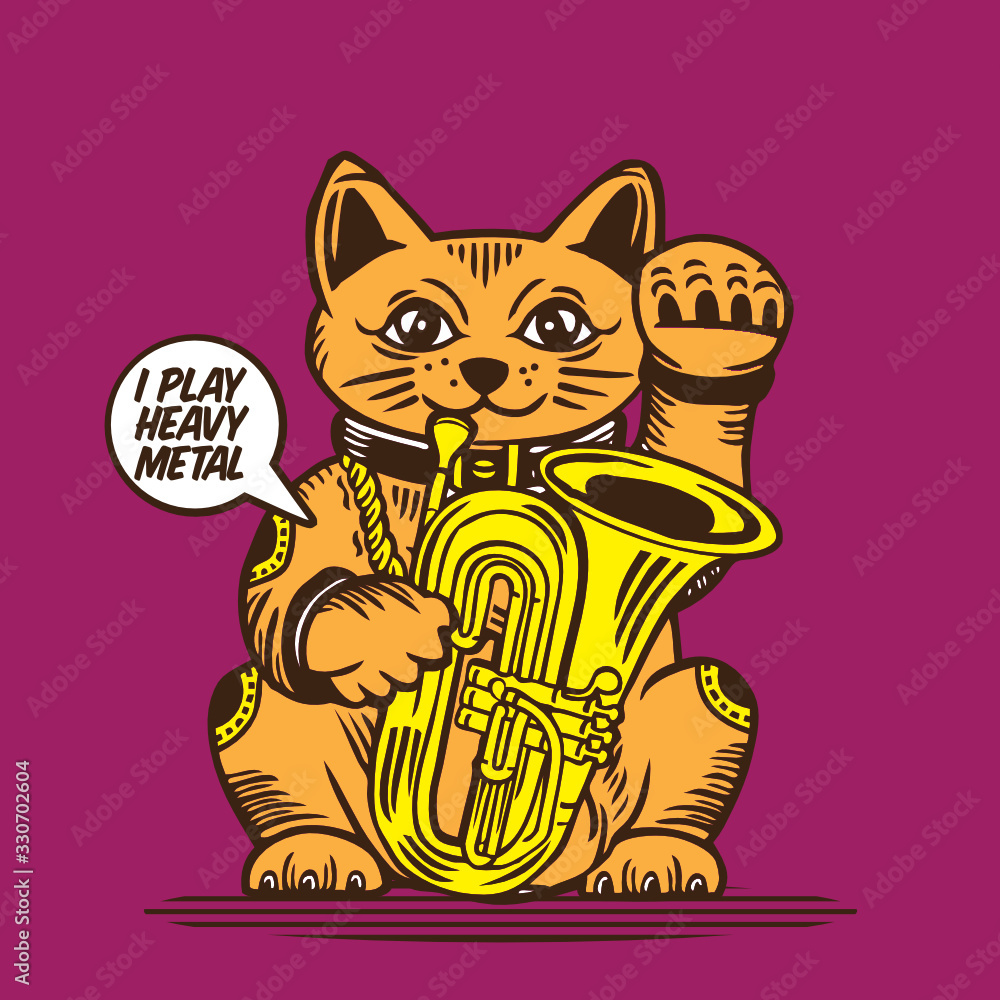 Lucky Cat Fortune Playing Tuba Trumpet Character Design