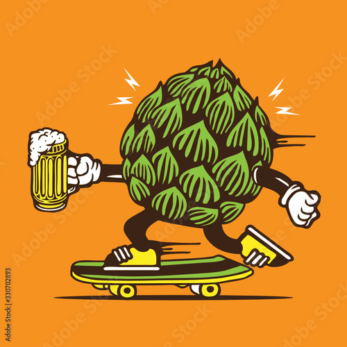 Beer Hops Holding Glass Beer Skateboarding Character Design