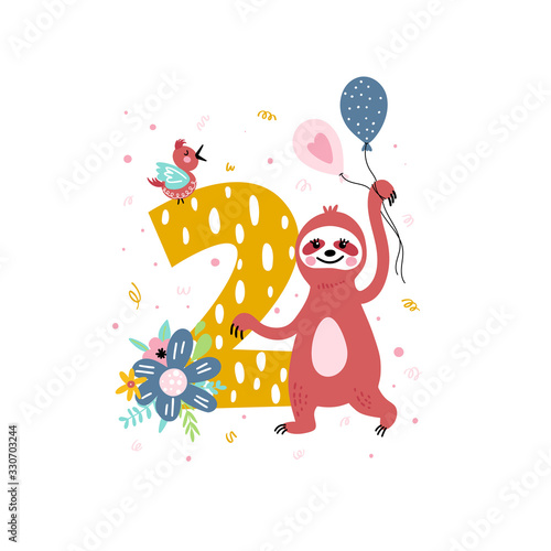 Birthday anniversary number with cute sloth