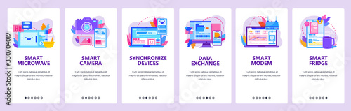 Smart home electronic and devices. Data exchange and sync technology. Mobile app onboarding screens. Menu vector banner template for website and mobile development. Web site design illustration