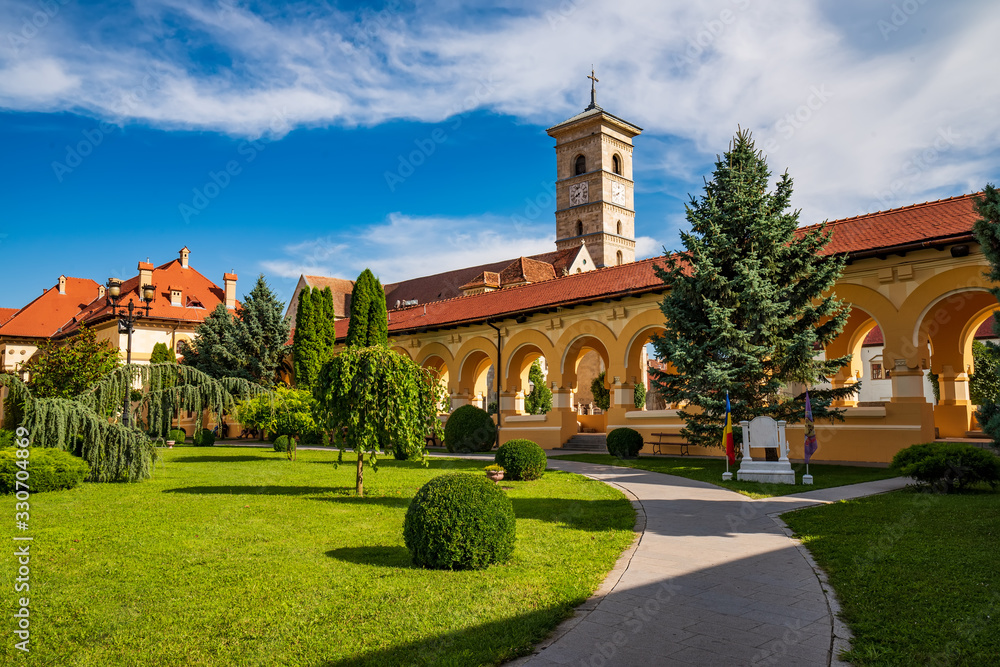 The Coronation Cathedral courtyard and St. Michael Catholic Cathedral inside Alba Iulia Fortress, Transylvania, Romania