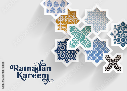 Colorful ornamental arabic tiles, patterns through white cut out stars, long shadows. Greeting card, invitation for Muslim holiday Ramadan Kareem. Vector illustration bacground, modern web banner.
