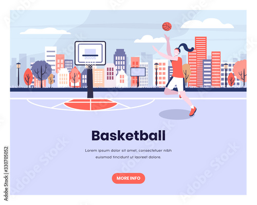 Girl plays basketball with urban city background. Woman player, sport, hoop, streetball. Vector web site design template. Landing page website concept illustration.