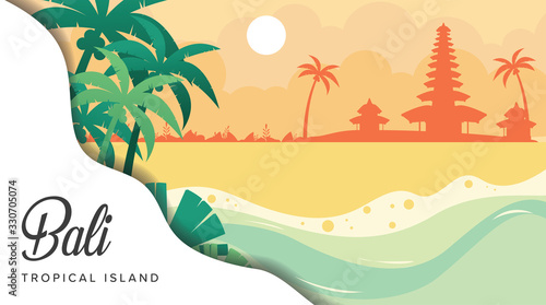 Bali Troppical Island With Palm Tree Vector Illustration, Paradise Landscape