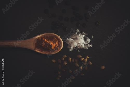 Different spices with a wooden spoon
