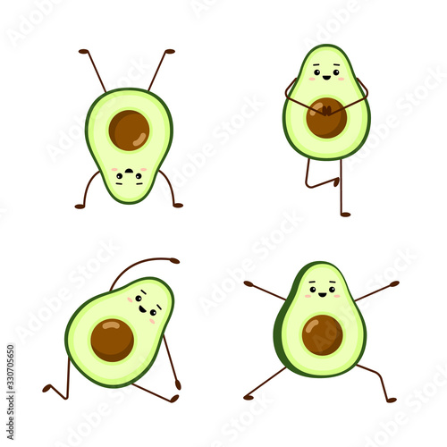Avocado yoga. Set of cute avocado characters on white background. Yoga for pregnant women. Morning exercises for children. Funny illustration for greeting cards, stickers, fabric, websites and prints.