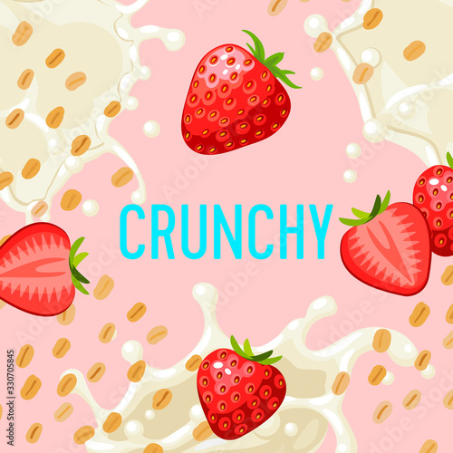 Packaging label design template for granola bar, oatmeal cereal with strawberry. Colorful vector cartoon illustration.