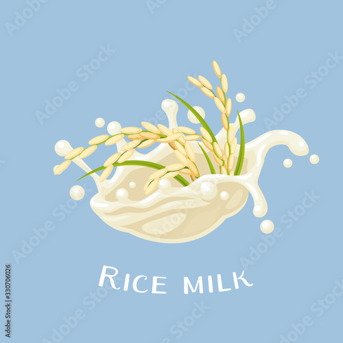 Dairy-free vegan rice milk splash. Vector illustration cartoon flat icon isolated on blue.