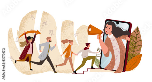 Concept of referral marketing, Refer A Friend loyalty program, promotion method. Group of people or customers holding hands and run to giant smartphone with speaker. Modern flat vector illustration.