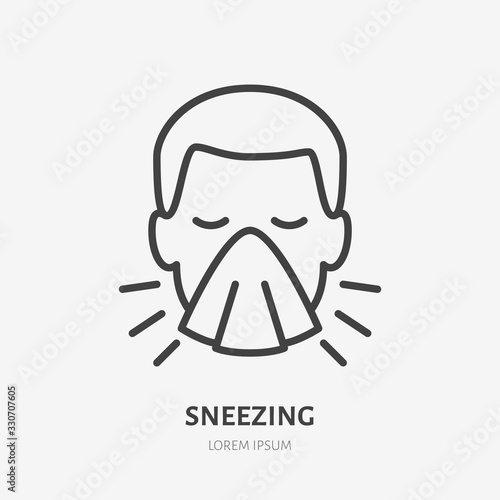 Sneezing man line icon, vector pictogram of flu or cold symptom. Man covering cough with napkin illustration, sign for medical poster