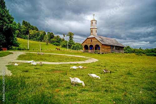 CHILE, CHILOE. The traditional church of Colo is part of the UNESCO world heritage sites 