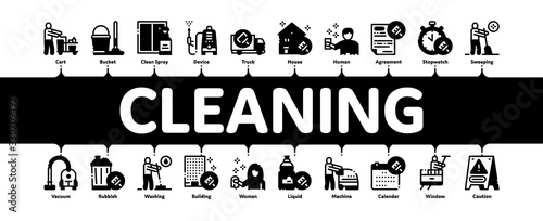 Cleaning Service Tool Minimal Infographic Web Banner Vector. Liquid For Clean Window And Wash Floor, Vacuum Cleaner And Bucket Cleaning Service Illustrations