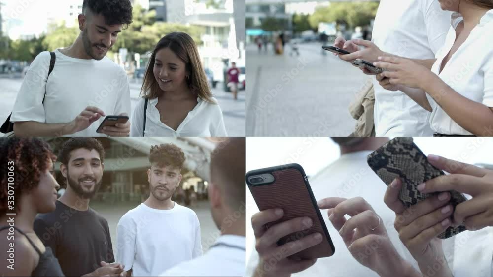 Cheerful young people talking and using smartphones. Split screen collage of happy attractive young men and women using smartphones and spending time together. Technology and communication concept Cheerful young people talking and using smartphones. Split screen collage of happy attractive young men and women using smartphones and spending time together. Technology and communication concept