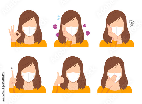 Faceless woman wearing a mask vector illustration (upper body) set / corona virus, covid-19