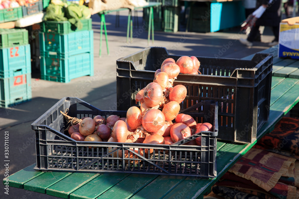 Lubiana / Slovenia - December 8, 2017: Onions in Lubiana market, Lubiana, Slovenia