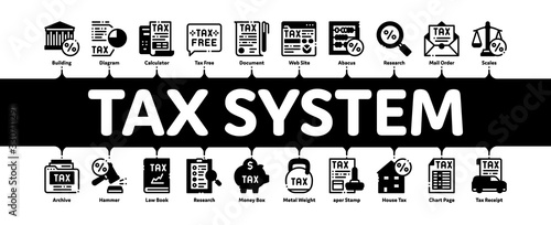 Tax System Finance Minimal Infographic Web Banner Vector. Tax System Building And Car, Document And Mail Notice, Abacus And Scales Illustrations