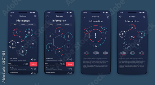 Modern infographic vector elements for business brochures. Use in website, corporate brochure, advertising and marketing. Pie charts, line graphs, bar graphs and timelines.