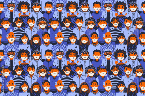 Epidemic seamless pattern. Novel coronavirus covid-19, people in medical face masks. Spread of the virus, pandemic. Vector flat style illustration.