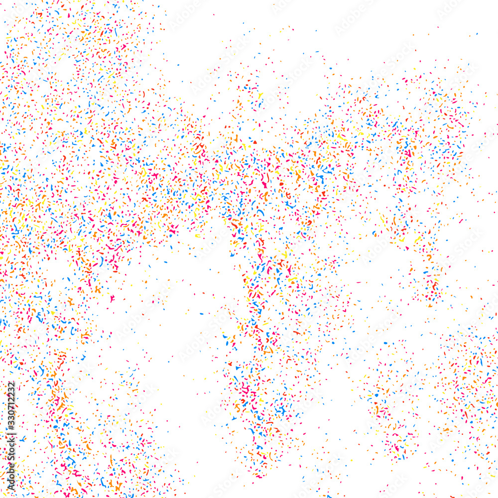 Abstract explosion of confetti. Colorful grainy texture isolated on white background. Colored stains and blots. Vector overlay elements. Digitally generated image. Illustration, EPS 10.