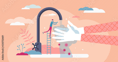 Washing hands concept, flat tiny person vector illustration