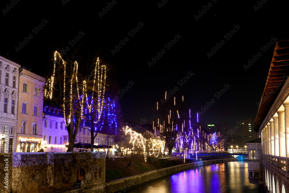 Lubiana / Slovenia - December 8, 2017: Lubiana centre with Christmas decoration, Lubiana, Slovenia