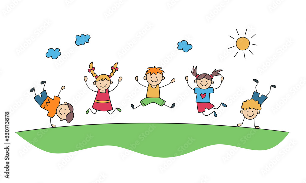 Naklejka premium Children jump together. Funny jumping kids. Happy childhood. Doodle hand drawn vector illustration