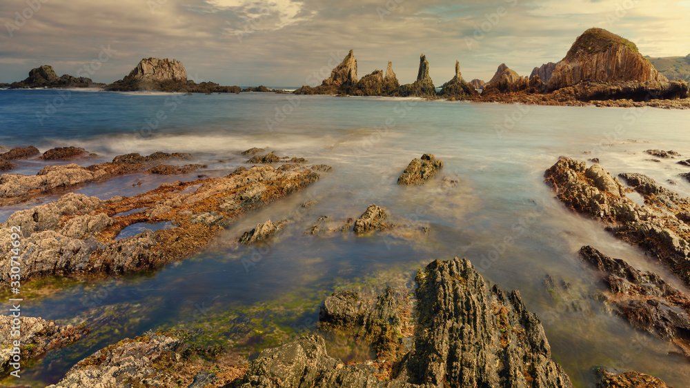 Fototapeta premium Gueirua beach, Cudillero, Asturias, Spain. Coast of the Atlantic ocean, near St James way