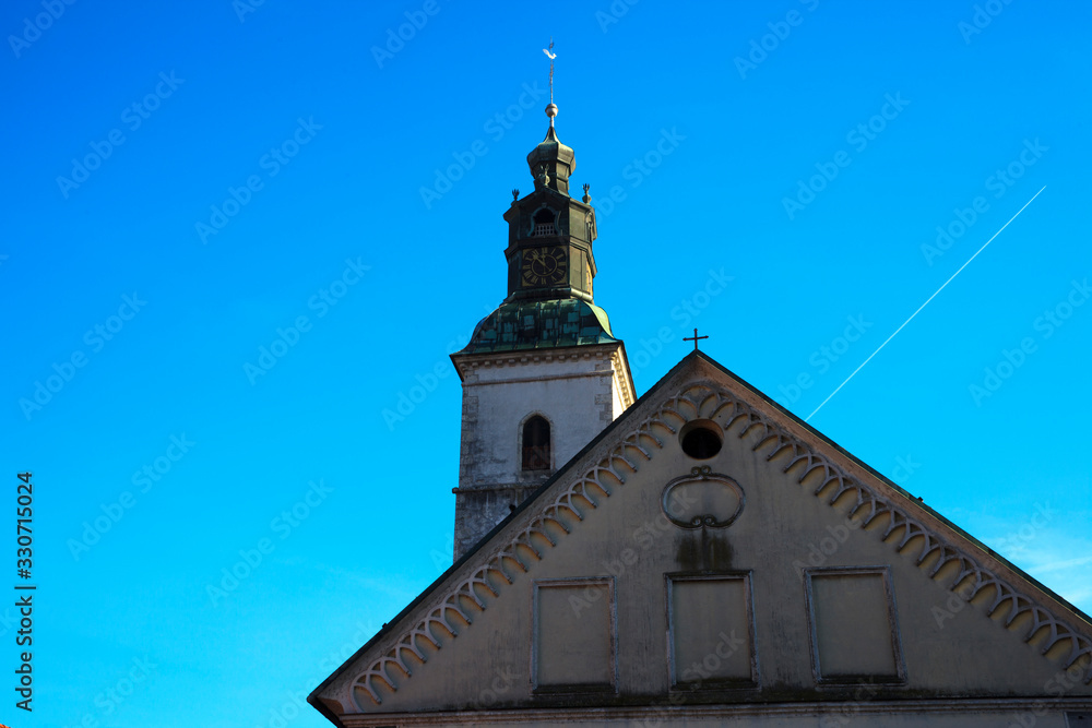 Skofja Loka / Slovenia - December 8, 2017: View of bell tower in Skofja Loka village, Slovenia