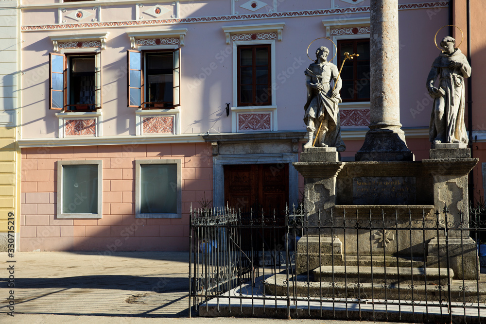 Fototapeta premium Skofja Loka / Slovenia - December 8, 2017: View of a square in Skofja Loka village, Slovenia