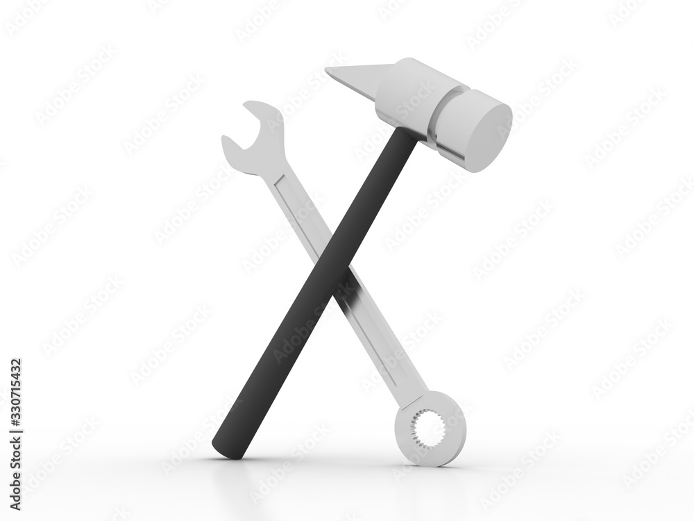 3d render Realistic metal wrench with metal hammer 3d render Realistic metal wrench with metal hammer