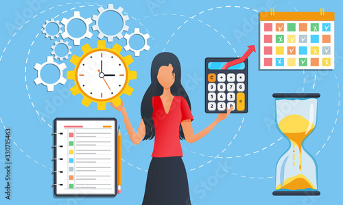 Businesswoman is standing among task icons. Female doing multitasking work at office. Effective time management. Tasks planning. Organization of working process to boost efficiency. Project management