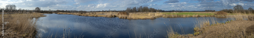 Panorama. National Park the Weerribben Overijssel Nertherlands. De Wetering. Nederland. Peetlands and reedfields.