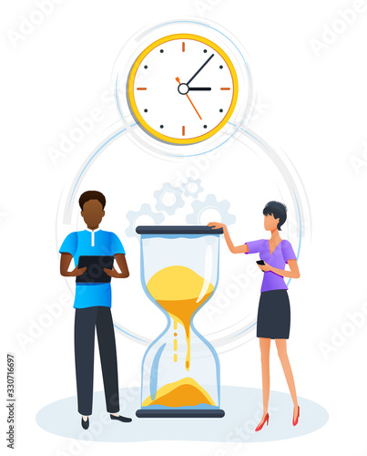 Concept of efficiency work time management hourglass. Deadline. Office managers time planning, organization and control to boost productivity. Overtime working. Project management. Flat vector