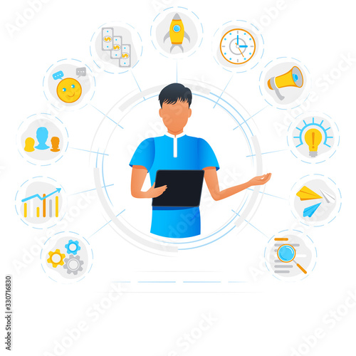 Vector illustration of multitasking businessman with tablet. Project manager. Multi-tasking office worker. Freelance worker busy with multitasking. Time management. Modern flat design