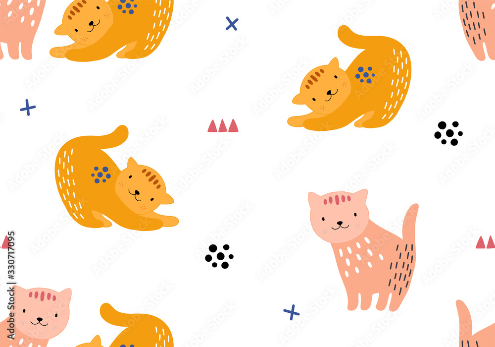 Animal seamless pattern with cat and different shapes. Abstract baby background illustration. Animal seamless pattern with cat and different shapes. Abstract baby background illustration.