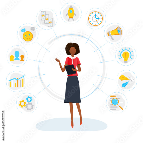 Vector of black multitasking businesswoman concept. Business woman multitasking and managing her tasks at work in office . Project task management