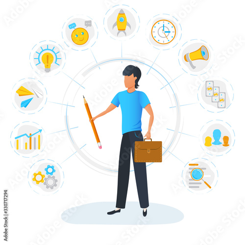 Successful businessman multitasking. Business multitasking man. Productive employee. Time management concept.