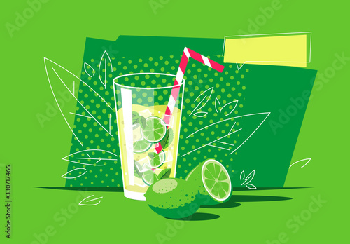 Vector illustration of a transparent glass with mint water, ice and lime slices , cooling summer drink