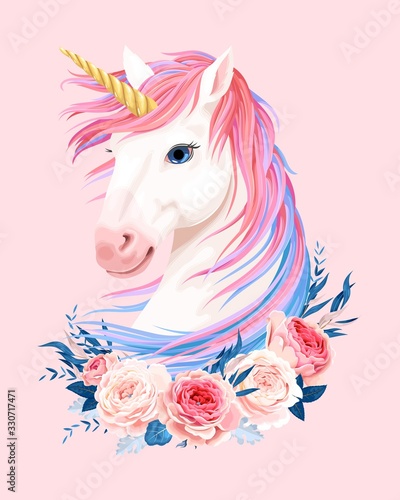 Fotografiet Vector illustration of cute unicorn with gold horn