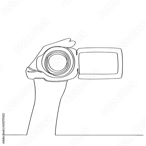 Human hand takes video on camera. Drawn by hand in one continuous line. Isolated stock vector illustration