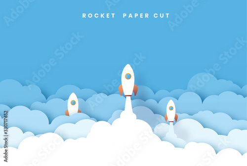 Rocket Leadership Concept with Paper Art or Origami Design Vector. paper cut style. illustration White paper startup rocket concept