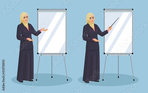 Young Arab business woman is pointing to flip chart. Smiling Muslim businesswoman standing is near to presentation whiteboard. Teacher. Set of isolated vector illustration.