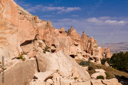 Picturesque panoramic landscape view on Goreme national park. View of Zelve open air museum, Cappadocia, Turkey
