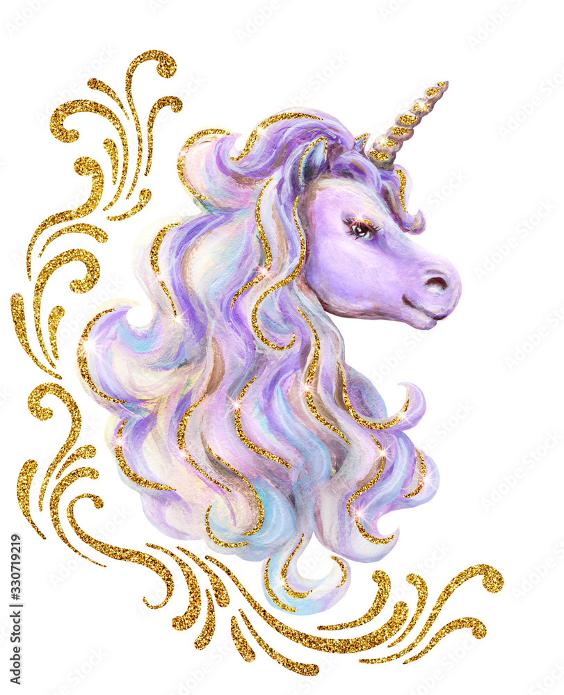 Portrait cute unicorn with luxurious mane, golden ornament and gold glitter elements on mane. Watercolor and acrylic painting hand drawn illustration.