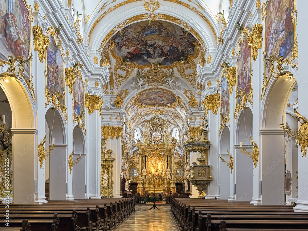 Regensburg, Germany. Interior of Collegiate Church of Our Lady of the Old Chapel. This is the oldest catholic place of worship in Bavaria, founded in 875. The rococo interior is from the 18th century.