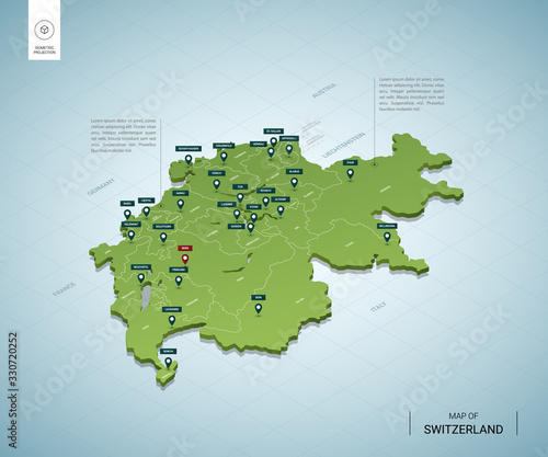 Stylized map of Switzerland. Isometric 3D green map with cities, borders, capital Bern, regions. Vector illustration. Editable layers clearly labeled. English language.