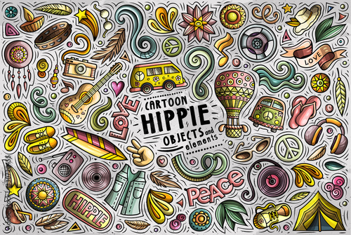 Vector set of Hippie theme items, objects and symbols