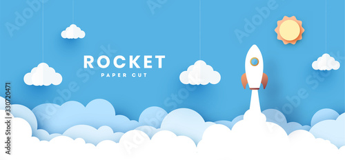 Rocket ship launch icon paper art style with abstract background. Start up business concept design.Vector illustration