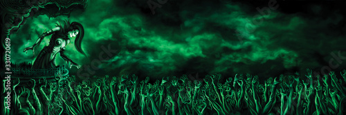 Necromancer is rising zombies banner/ Woman necromancer over zombie horde hands. Digital painting